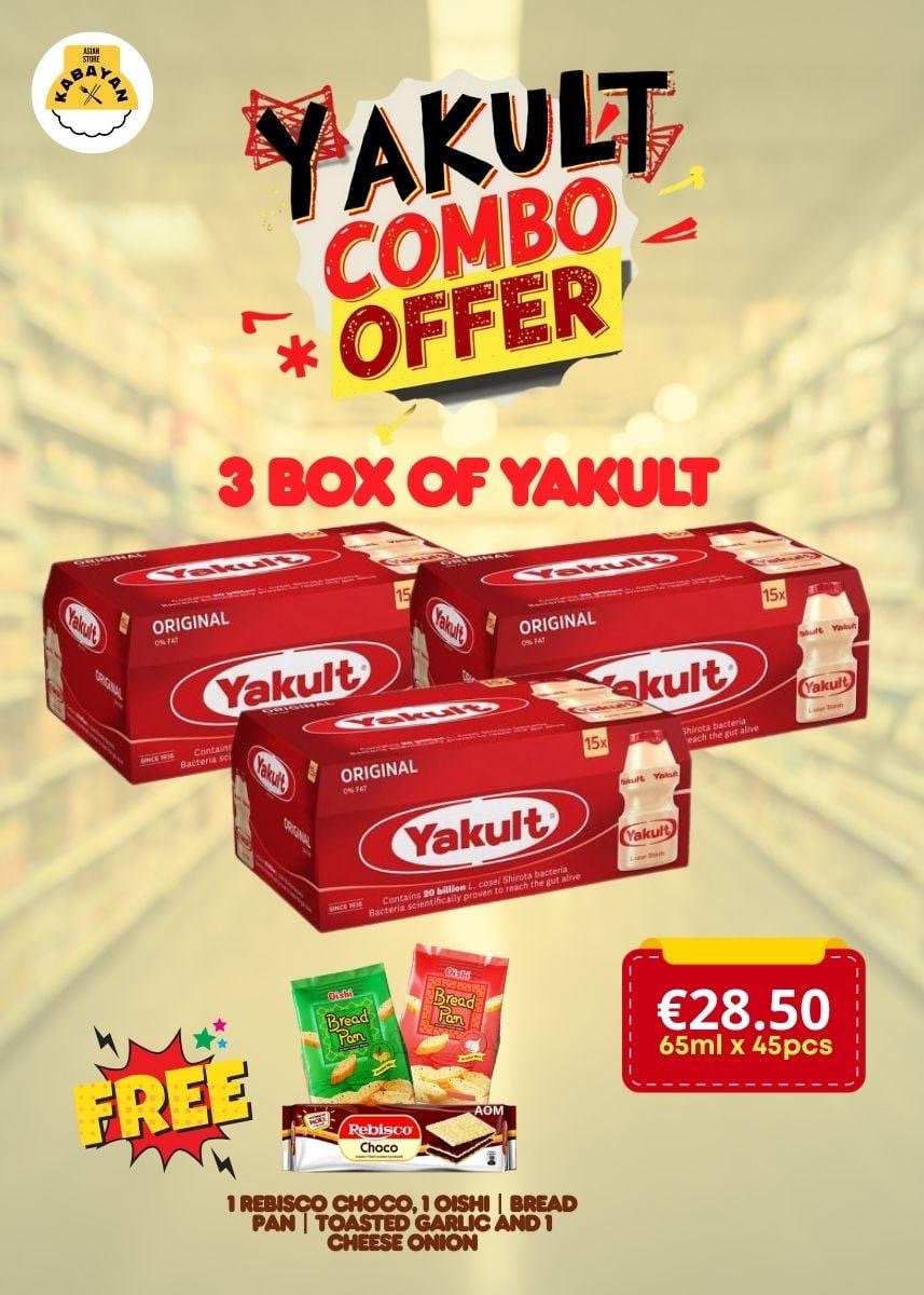 Yakult 3 Boxes + FREE Rebisco Sandwich Choco + Bread Pan Cheese & Onion + Bread Pan Toasted Garlic